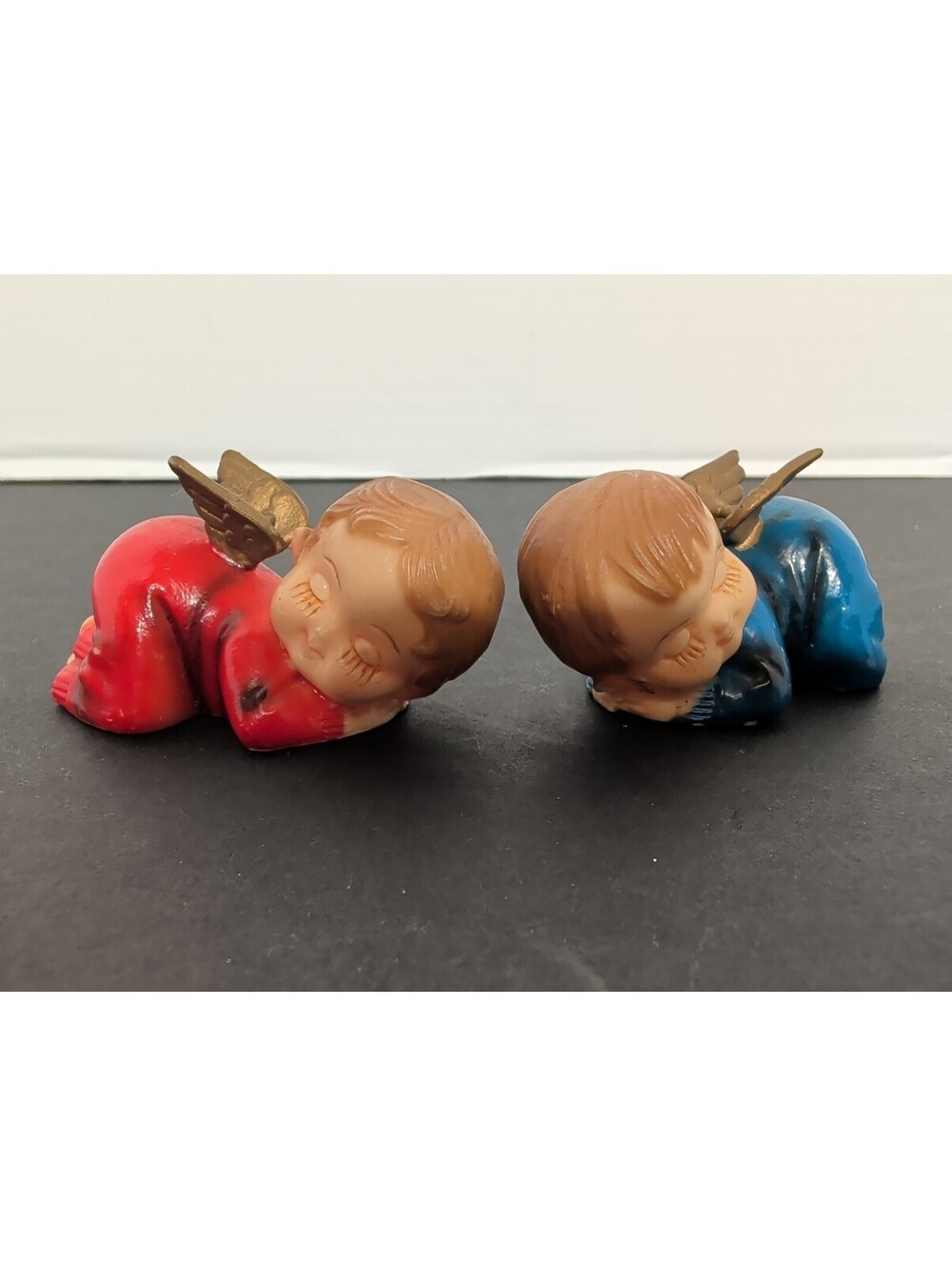 Vtg Sleeping Baby Angel Ornaments Mid Century Plastic Red Blue Cherub Cutees MCM